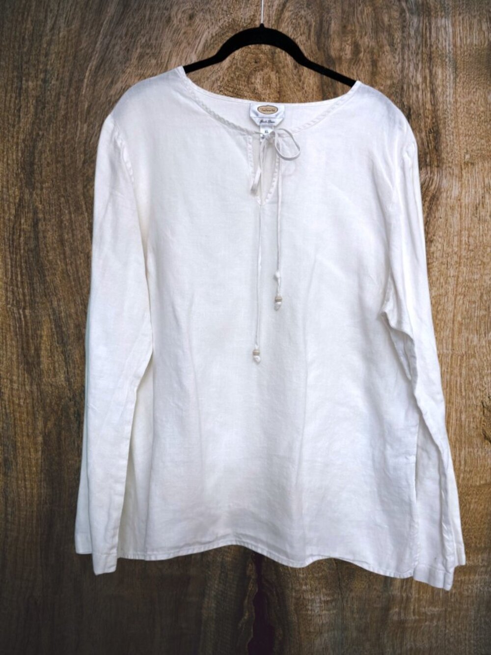 Talbots White 100% Irish Linen Tie Neck Popover Tunic Blouse Top XL